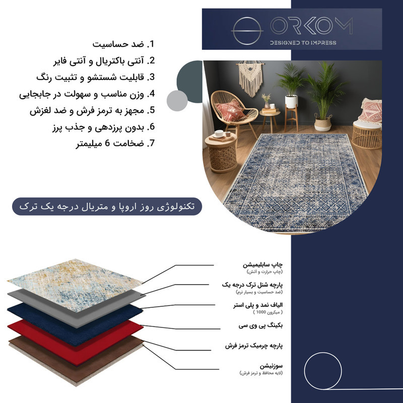 فرش ماشینی 1000 شانه اورکوم زمینه کرم حاشیه سرمه ای طرح مینیمال تیارا کد OR.1120.01