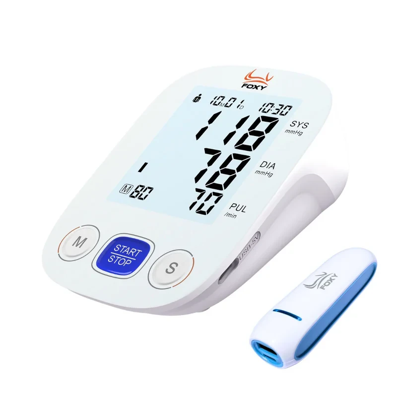 فشارسنج بازویی دیجیتال فوکسی مدل WHITE با قابلیت اندازه‌گیری فشار خون و ضربان قلب، حافظه بالای 99 رکورد، پشتیبانی دو کاربره، تشخیص آریتمی، نمایشگر LCD و همراه پاوربانک و کیف ضد ضربه