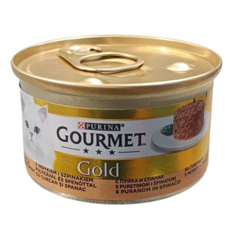 کنسرو غذای گربه بالغ گورمت مدل Gold Savoury Cake بافت کیکی با طعم بوقلمون و اسفناج وزن 85 گرم