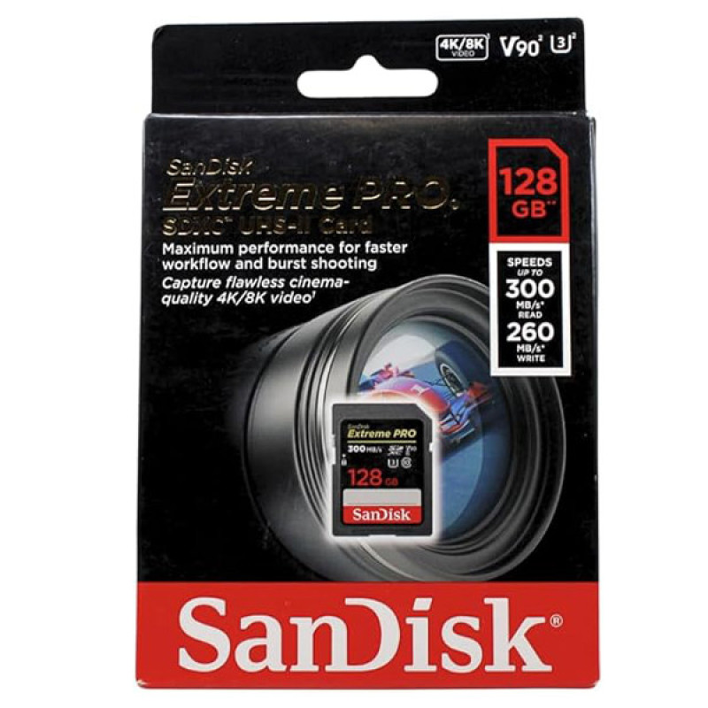 کارت حافظه SDXC سن دیسک مدل Extreme Pro V90 کلاس 10 استاندارد UHS-II U3 سرعت 300mbps ظرفیت 128 گیگابایت