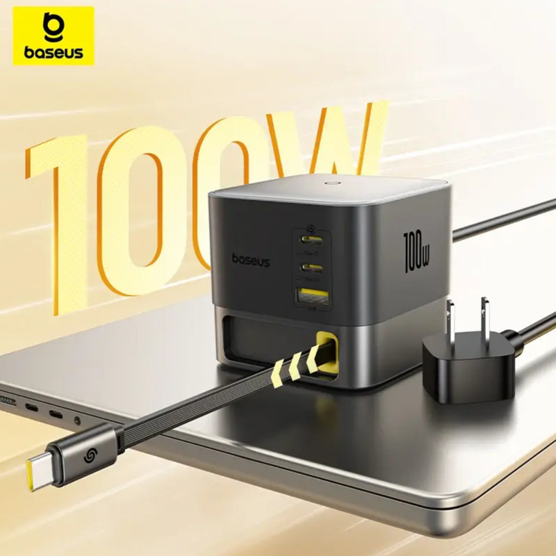 شارژر رومیزی 100 وات 3 پورت بیسوس مدل  100W Super GaN  به همراه کابل  USB-C