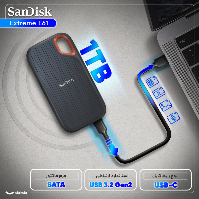 اس اس دی اکسترنال سن دیسک مدل Extreme E61 ظرفیت 1 ترابایت رابط USB 3.2 Gen2