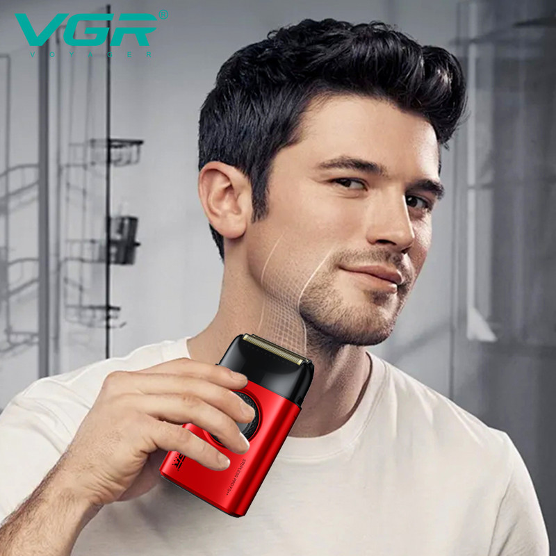 ماشین اصلاح موی صورت شارژی وی جی آر مدل V-377 با تیغه استیل ضدزنگ و پوشش تیتانیوم، باتری 1400mAh با 100 دقیقه استفاده، 21 سطح تنظیم سرعت و نمایشگر هوشمند باتری و سرعت