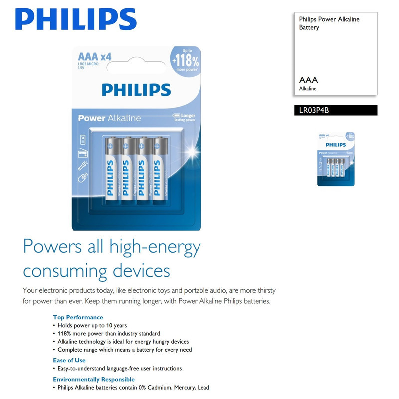 باتری نیم قلمی فیلیپس مدل Power Alkaline LR03P4B بسته چهار عددی