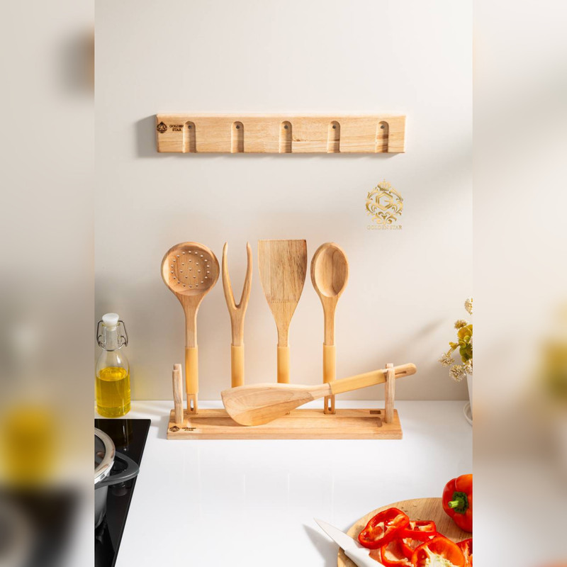 سرویس کفگیر و ملاقه چوبی 7 پارچه گلدن استار مدل مگنتی