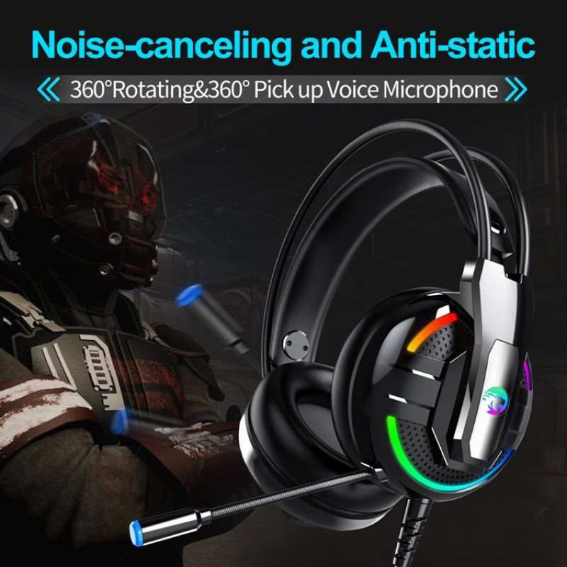 هدست گیمینگ مدل RGB-A18 بدون قابلیت نویز کنسلینگ، جک 3.5 میلی‌متری صدا، دارای میکروفون با قابلیت چرخش، کلید افزایش و کاهش صدا، چراغ LED