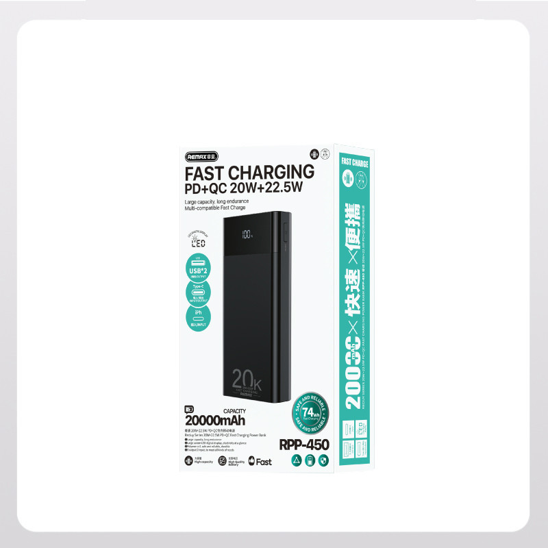 پاوربانک 22.5 وات ریمکس مدل RPP-450 22.5W ظرفیت 20000 میلی آمپر ساعت