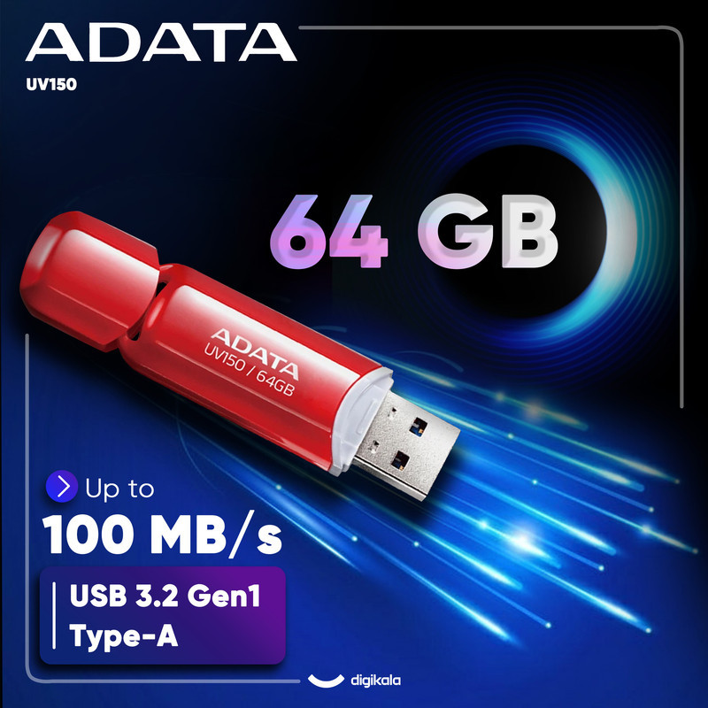 فلش مموری ای دیتا مدل UV150 ظرفیت 64 گیگابایت، رابط USB 3.2 Gen1، سرعت خواندن 90 مگابایت بر ثانیه، طراحی درپوش‌دار، سازگار با گوشی، تبلت، کامپیوتر و تلویزیون