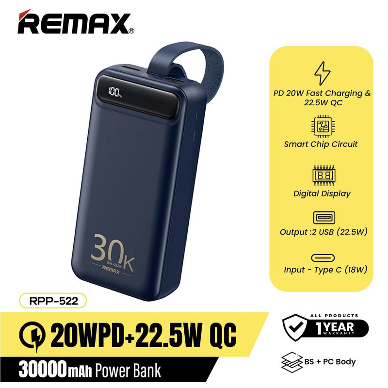 پاوربانک ریمکس مدل RPP-522 ظرفیت 30000 میلی آمپر ساعت