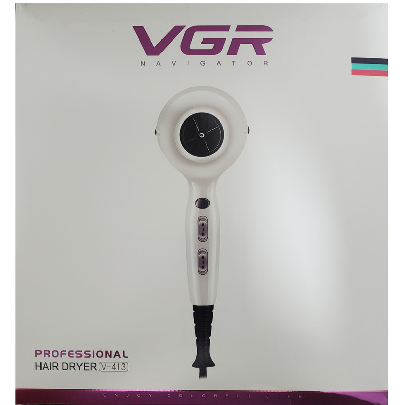سشوار حرفه‌ای 2200 وات وی جی ار مدل V-413، موتور AC، وزن 802 گرم، المنت سرامیک تورمالین، دارای سری متمرکز‌کننده باریک، متمرکز‌کننده پهن با ویژگی صاف‌کنندگی، حجم‌دهندگی، با قابلیت باد سرد