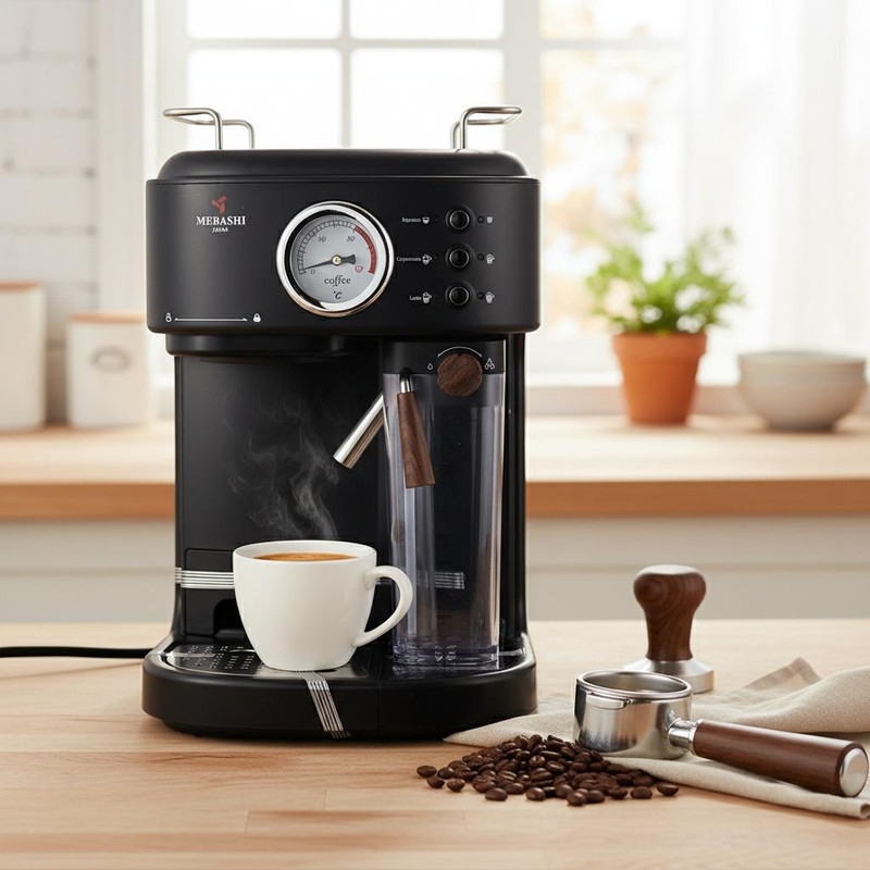 اسپرسو ساز نیمه‌صنعتی 1.6 لیتری مباشی مدل ME ECM2500، نیمه اتوماتیک با مصرف پودر قهوه، مناسب تهیه اسپرسو، کافه لاته، کاپوچینو و ماکیاتو، دارای یک عدد نازل قهوه، سیستم گرم کردن فنجان