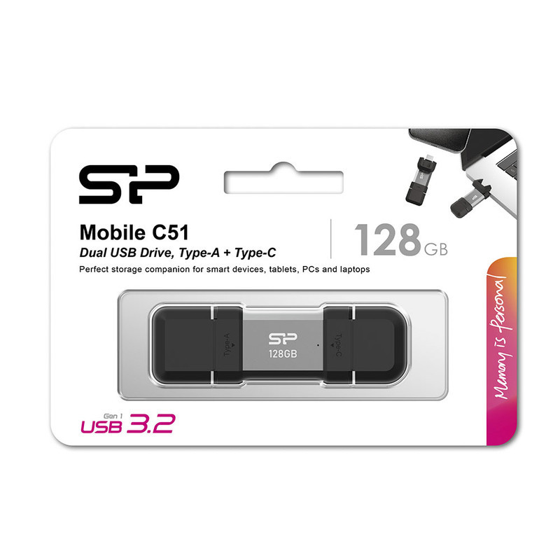 فلش مموری OTG سیلیکون پاور مدل C51 ظرفیت 128 گیگابایت با رابط USB3.2 Type-A و Type-C، مقاوم در برابر ضربه، شوک و گرد و غبار، مناسب تلفن همراه و لپ‌تاپ