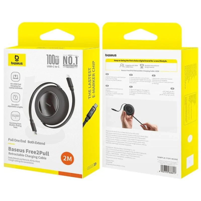 کابل تبدیل USB-C به USB-C بیسوس مدل Free2Pull Mini 100W طول 2 متر