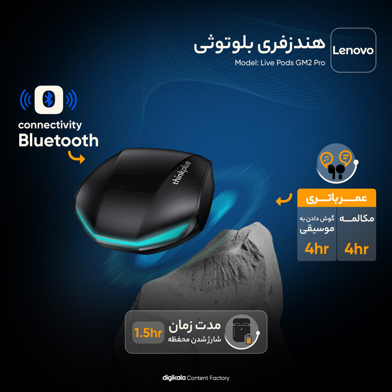 هدفون بلوتوثی لنوو مدل Live Pods GM2 Pro بدون قابلیت نویز کنسلینگ، درگاه شارژ USB Type-C، دارای دستیار صوتی، مقاوم در برابر رطوبت و عرق