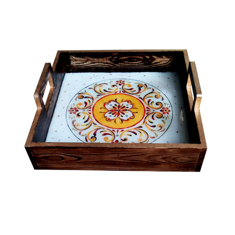 سینی دسته دار مدل چوبی رزین کد 2210 سایز 25*25 سانتی متر
