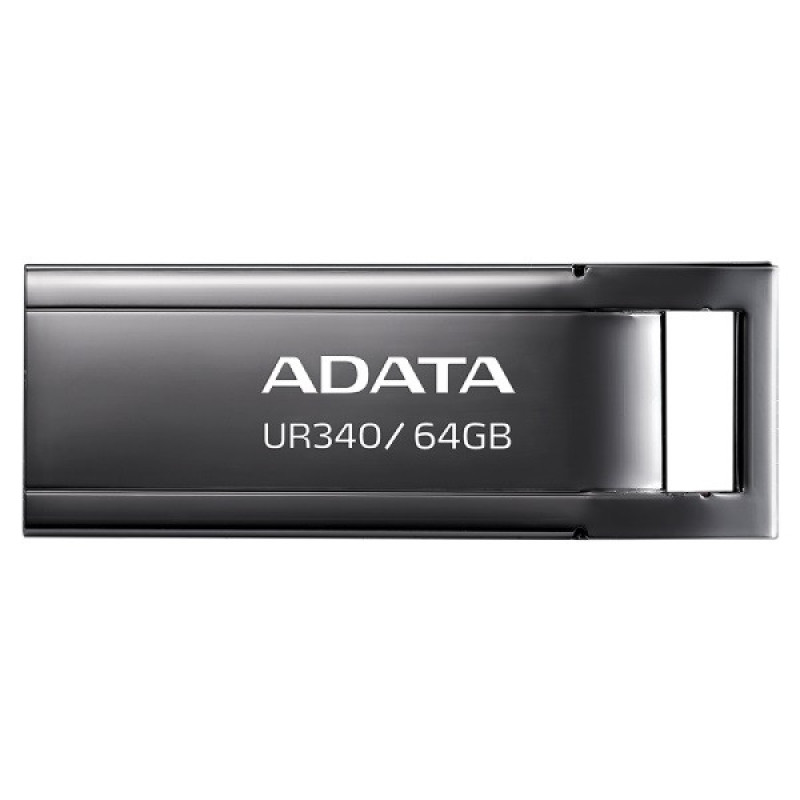 فلش مموری ای دیتا مدل UR340 ظرفیت 64 گیگابایت با بدنه فلزی، رابط USB 3.2 Gen1 Type-A، سرعت انتقال 100 مگابایت بر ثانیه و پشتیبانی از سیستم‌عامل‌های ویندوز، مک و لینوکس