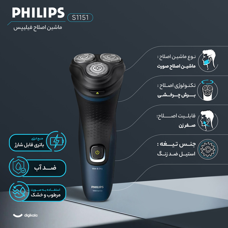 ماشین اصلاح موی صورت فیلیپس مدل S1151 با 3 تیغه چرخشی استیل ضد زنگ، مقاوم در برابر آب، قابلیت اصلاح شماره صفر، شارژ USB و طراحی ارگونومیک ضد لغزش برای استفاده خشک و مرطوب