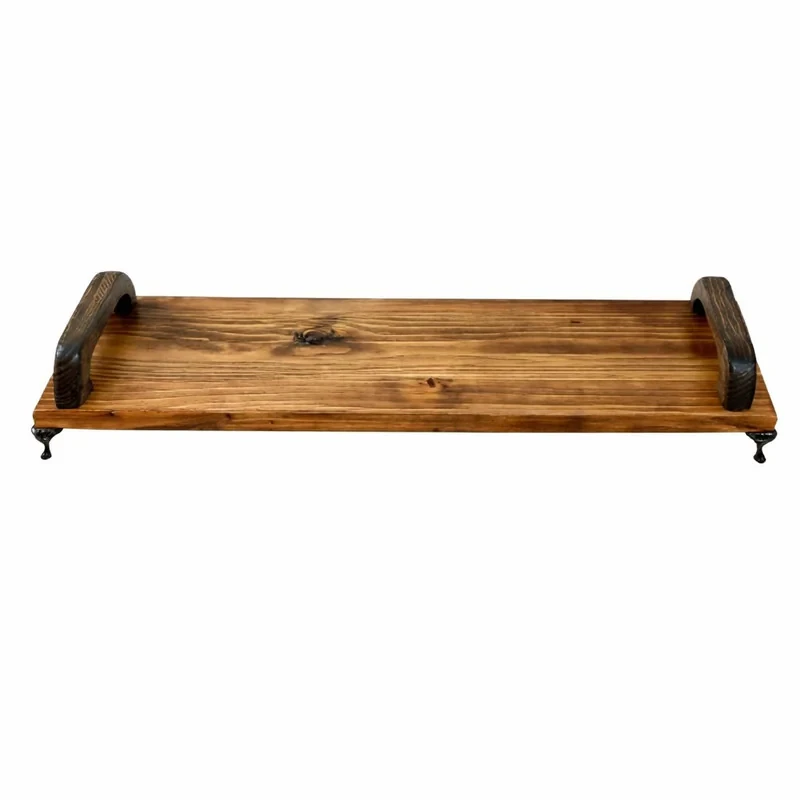 سینی سرو چوب روس طرح دسته‌دار با پایه فلزی کلاسیک و روکش دو دست جلا، مستطیلی 50×14×4 سانتی‌متر، وزن 600 گرم