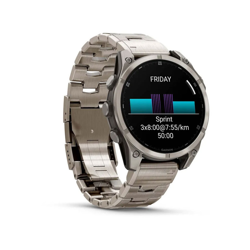 ساعت هوشمند گارمین مدل Fenix 8 - 47mm دارای قابلیت های صفحه نمایش لمسی، کنترل موسیقی، کنترل سطح اکسیژن خون، ضد آب، بند تیتانیوم