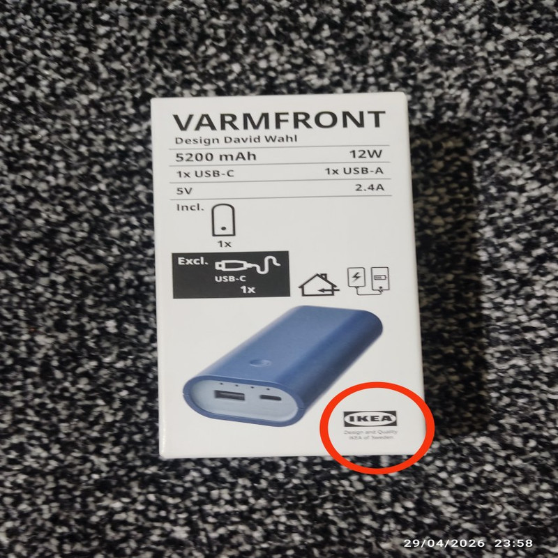 پاوربانک 12 وات ایکیا مدل VARMFRONT ظرفیت 5200 میلی‌آمپرساعت
