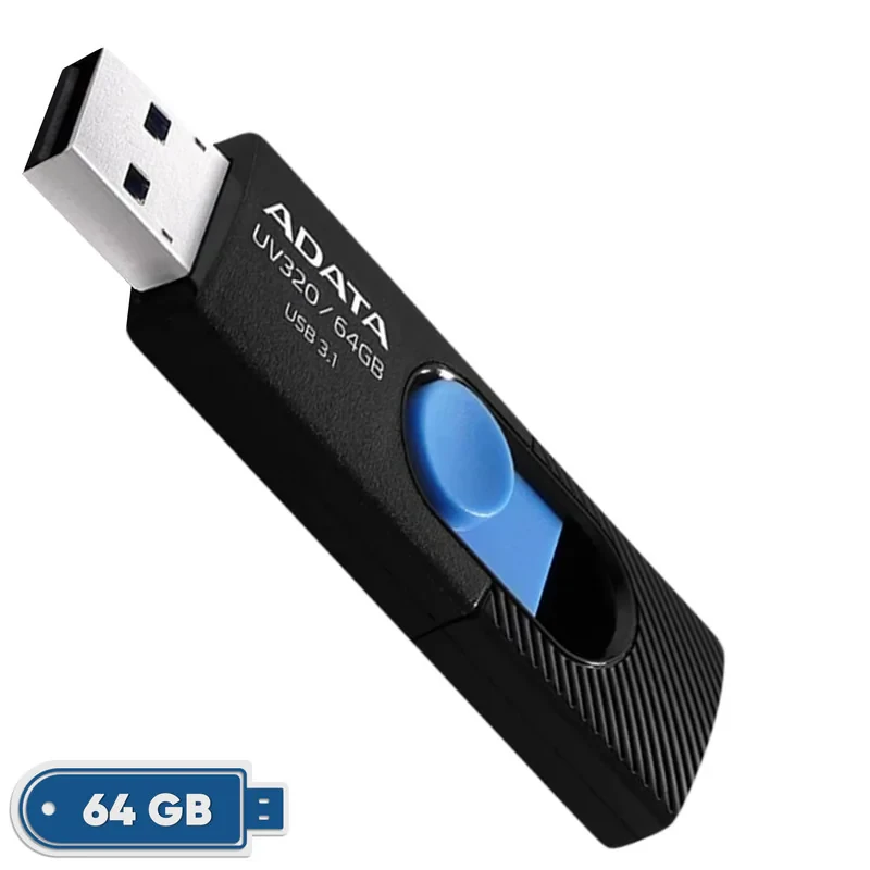 فلش‌مموری کشویی ای دیتا مدل UV320 ظرفیت 64 گیگابایت با رابط USB 3.2 Gen1 سرعت انتقال تا 10 گیگابیت بر ثانیه و سازگار با ویندوز، مک، لینوکس، گوشی و تلویزیون