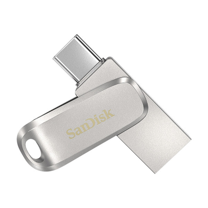 فلش مموری سن دیسک Ultra Dual Drive Luxe ظرفیت 256 گیگابایت با طراحی چرخشی، دو رابط USB Type-C و USB Type-A، استاندارد USB 3.2 Gen1، بدنه فلزی و سازگار با تبلت، گوشی، کامپیوتر و مک