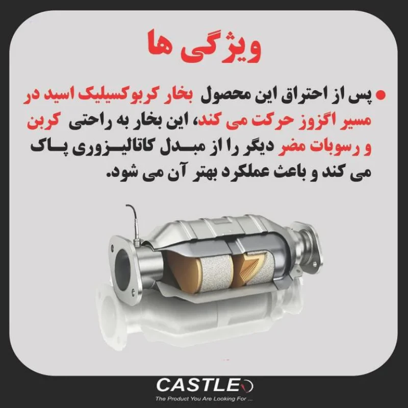 کاتالیز شوی داخل باکی خودروهای بنزینیگازسوز کستل مدل کاتالیست فلاش حجم 280 میلی لیتر