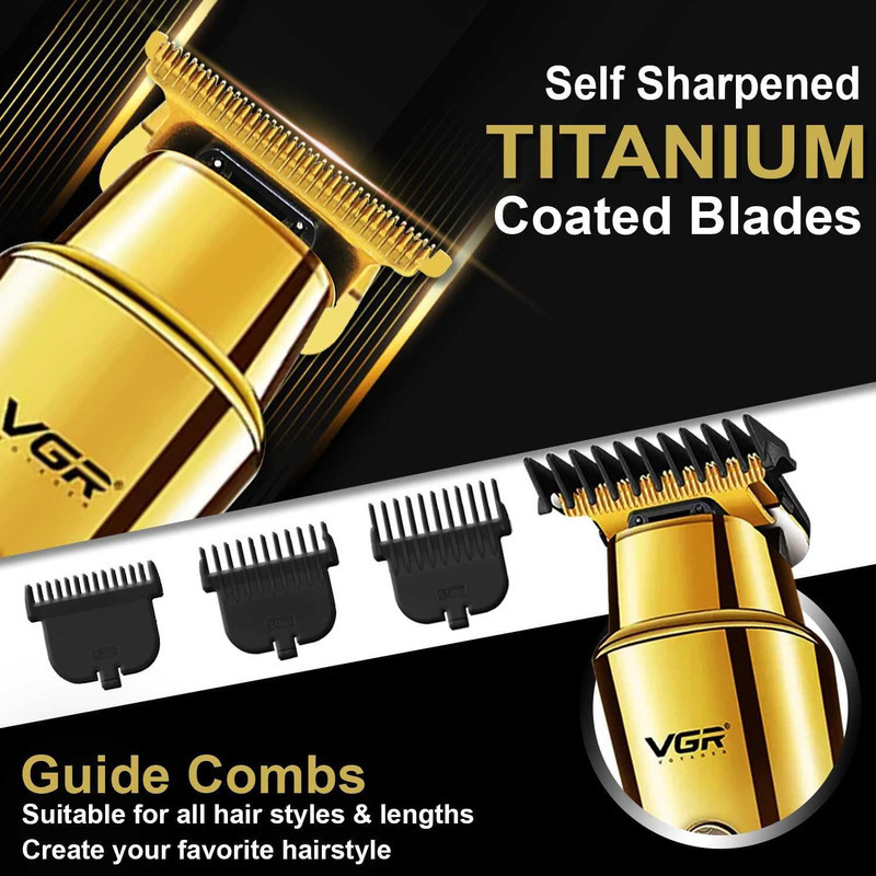ماشین اصلاح موی سر و صورت وی جی آر مدل V-947 با تیغه استیل ضد زنگ، باتری لیتیوم یونی 2000 میلی‌آمپر، 500 دقیقه استفاده پس از شارژ، طراحی ارگونومیک و قابلیت اصلاح حجم زن