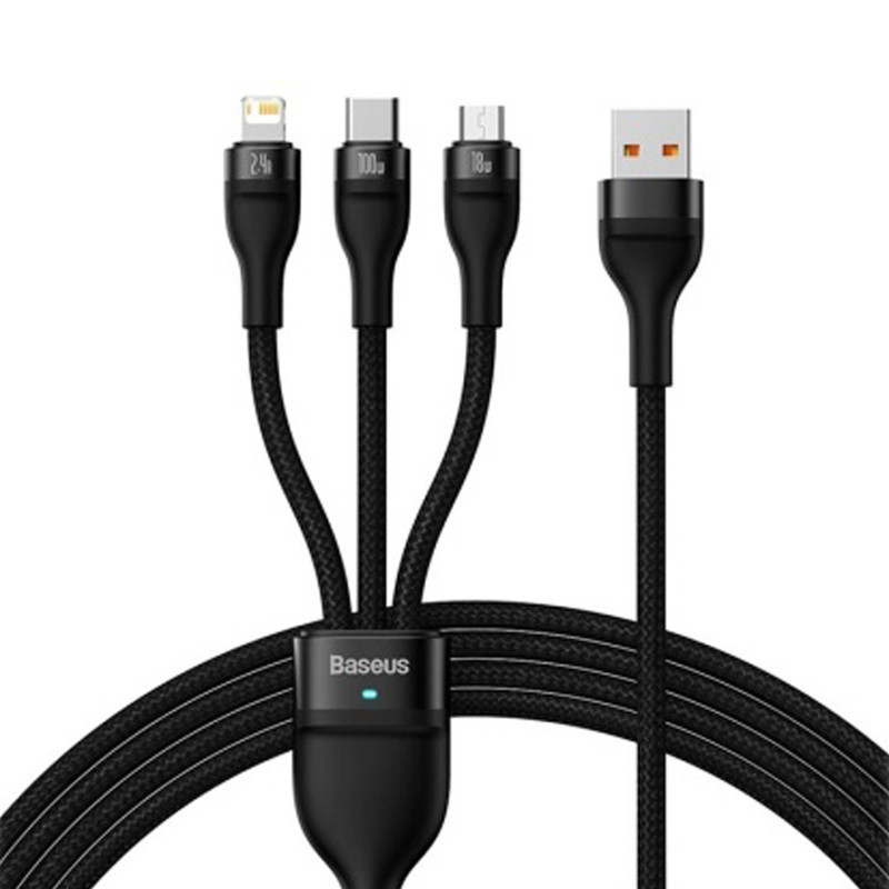 کابل تبدیل USB به USB-C  microUSB  لایتنینگ باسئوس مدل ONE-FOR-THREE 100Wطول 1.2 متر