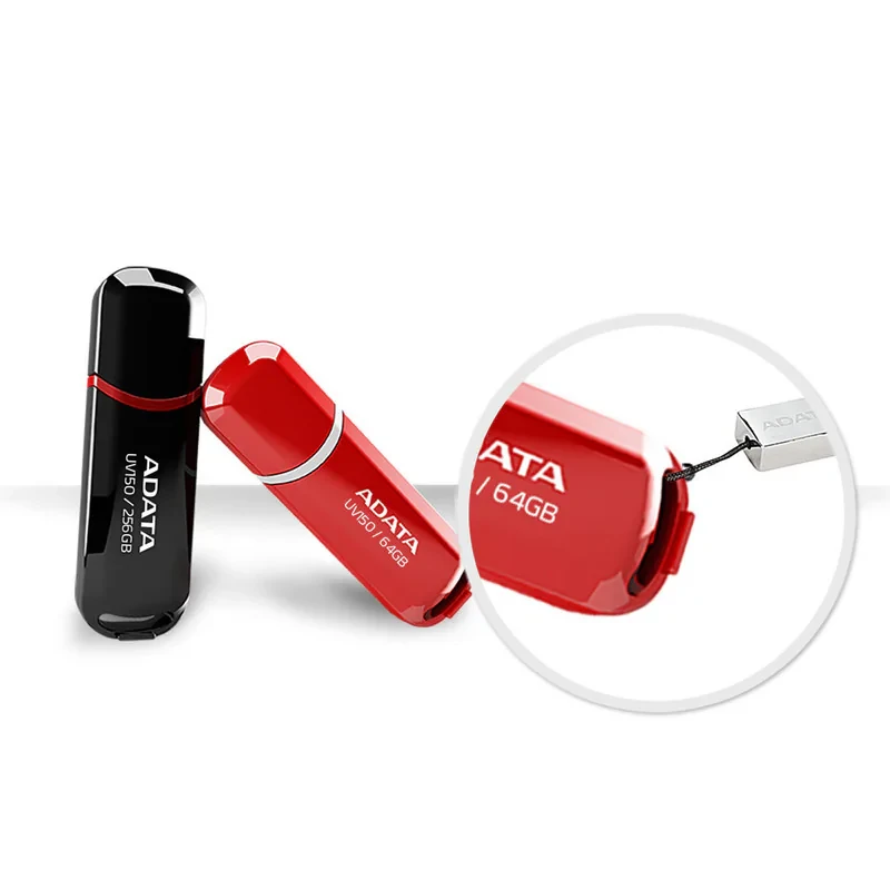 فلش مموری ای دیتا مدل UV150 ظرفیت 64 گیگابایت، رابط USB 3.2 Gen1، سرعت خواندن 90 مگابایت بر ثانیه، طراحی درپوش‌دار، سازگار با گوشی، تبلت، کامپیوتر و تلویزیون