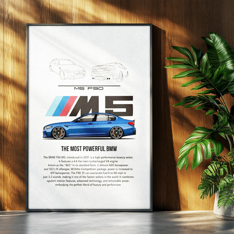 تابلو بکلیت طرح ماشین و خودرو بی ام و BMW F90 M5 مدل b-po1727 فریم مشکی