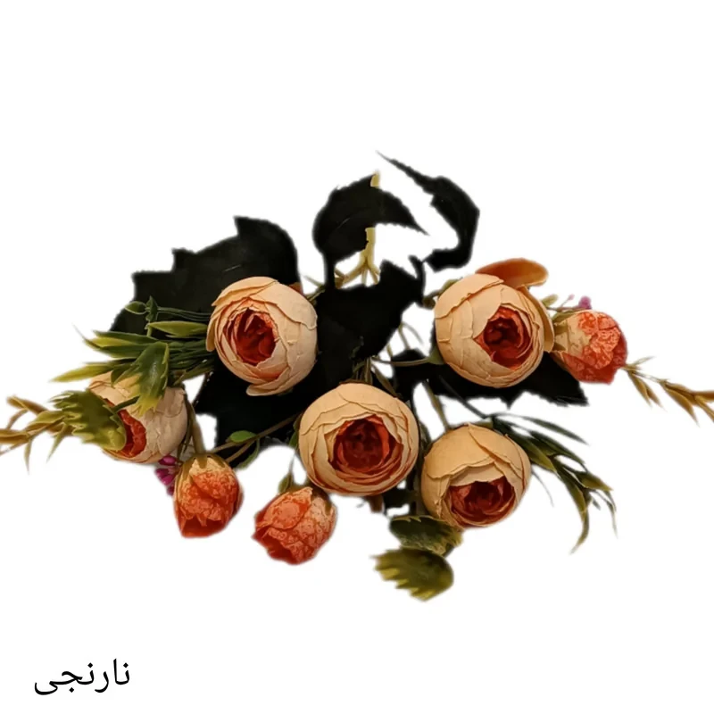 گل مصنوعی بوته نسترن مینیاتوری، 8 گل با 5 بازو، گل‌های پارچه‌ای و ساقه پلاستیکی، ارتفاع 25 سانتی‌متر، قطر سرگل 3 سانتی‌متر مناسب گلدان کوچک رومیزی و دیزاین دسته گل