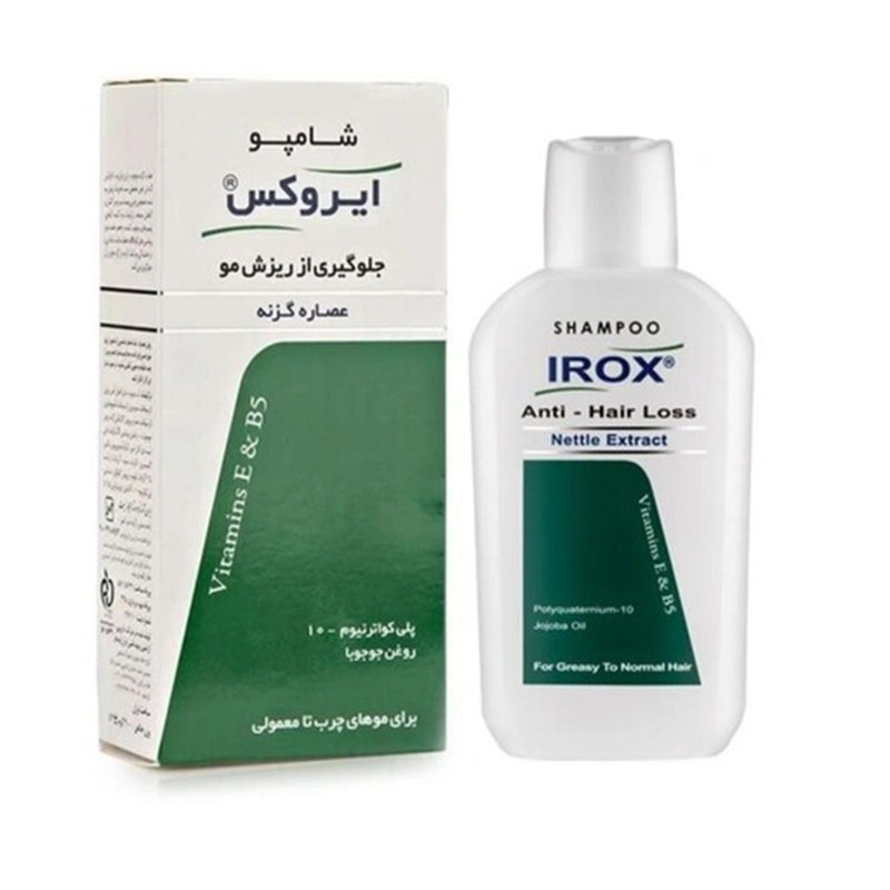 شامپو ضد ریزش و تقویت کننده مو ایروکس مخصوص پوست سر چرب و معمولی و سازگار با موهای چرب و معمولی، حجم 200 میلی‌لیتر مدل nettle extract، حاوی ویتامین E، B5، دارای گلیسیرین، با قابلیت نرم کننده، میزان سازی چربی مو و پوست سر، مرطوب کننده، با عصاره گزنه