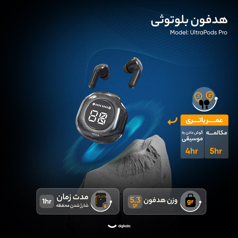 هدفون بلوتوثی مدل UltraPods Pro بدون قابلیت نویز کنسلینگ، درگاه شارژ USB Type-C، با قابلیت کاهش نویز