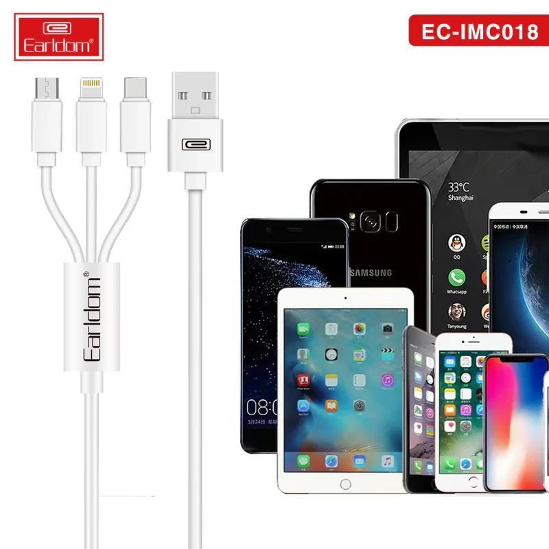 کابل تبدیل USB به USB-C  MicroUSB  لایتنینگ ارلدام مدل EC-IMC018 طول 1.2 متر