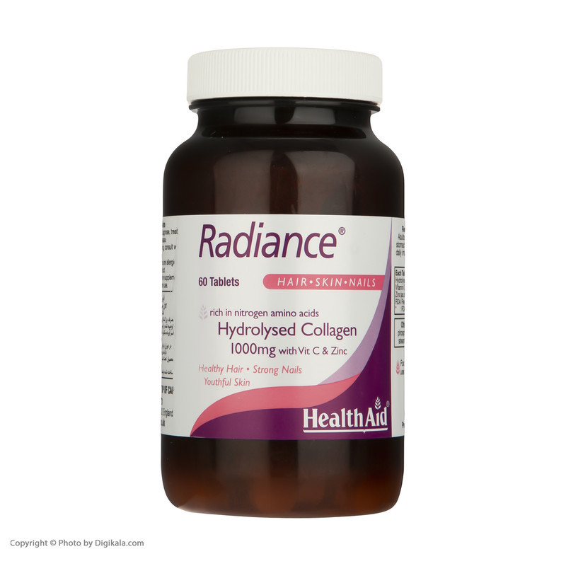 قرص کلاژن هیدرولیز شده هلث اید مدل Radiance با 1000 میلی‌گرم کلاژن، ویتامین C و زینک، بهبود سلامت پوست، مو و ناخن، تقویت مفاصل و افزایش استحکام ناخن‌ها، بسته 60 عددی