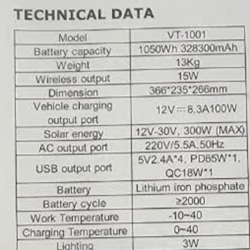 پاور استیشن قابل حمل V-TAC 1000W مدل VT-1001 با ظرفیت باتری ۳۲۸ هزار میلی آمپر ساعت
