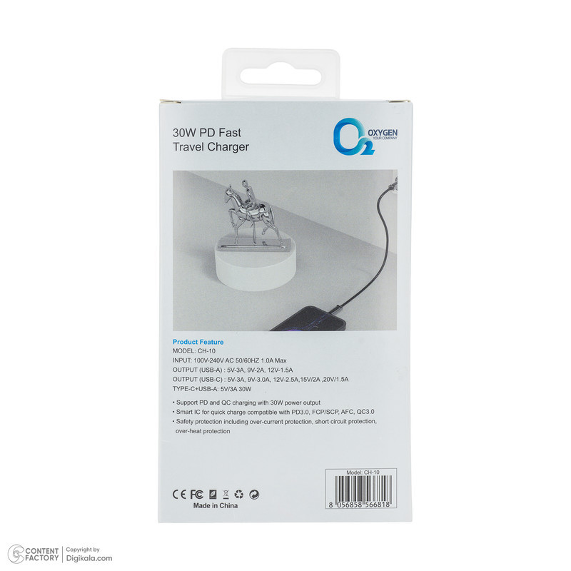 شارژر دیواری 30 وات دو پورت اکسیژن مدل CH-10 به همراه کابل USB-C