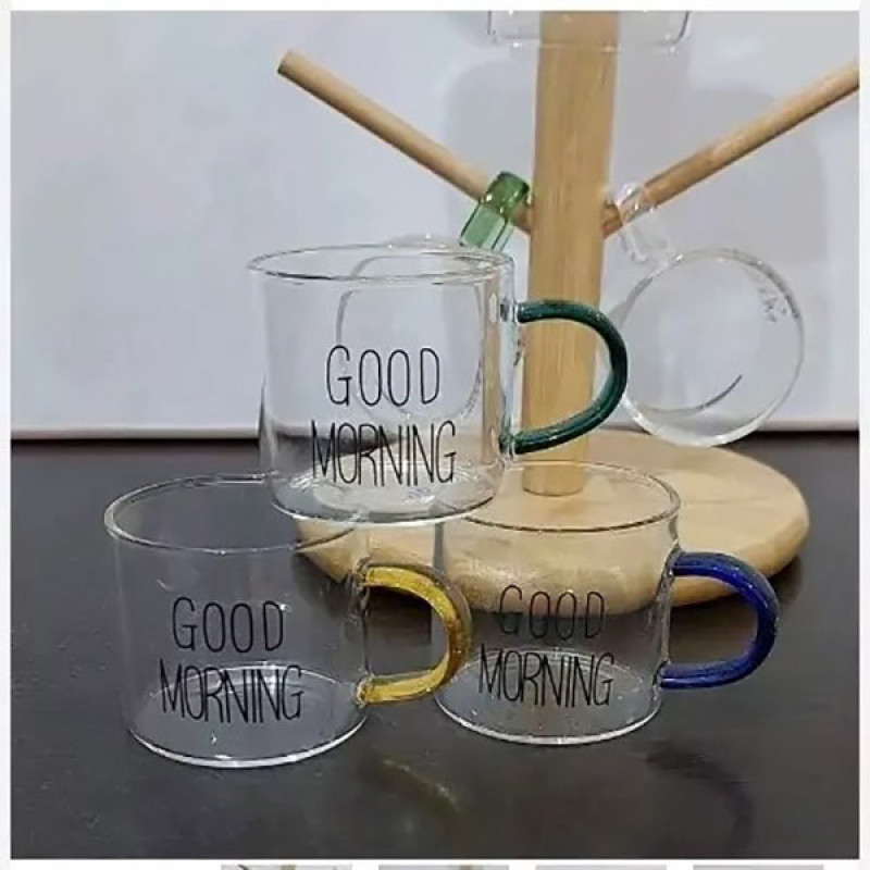 فنجان مدل شات قهوه پیرکس دسته رنگی طرح GOOD MORNING