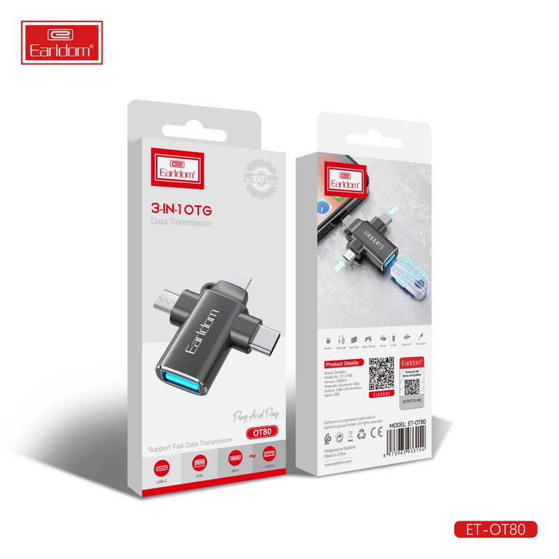 مبدل USB OTG به microUSB  لایتنینگ  USB-C ارلدام مدل ET-OT80