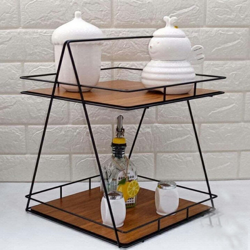 استند پذیرایی دو طبقه MDF و فلز مدل دو طبقه کف چوبی با طراحی مربع و وزن 615 گرم، مناسب سرو و پذیرایی با استحکام بالا و امکان استفاده در فضای داخلی