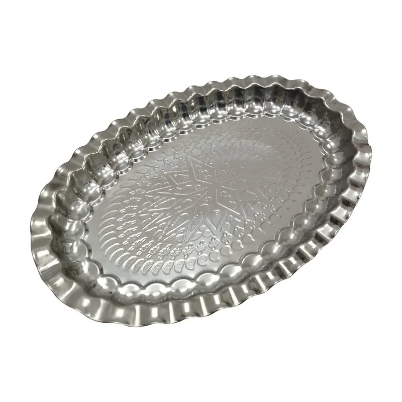 سینی بدون دسته مدل بیضی استیل طرح سنتی کد 73 سایز 25*37 سانتیمتر