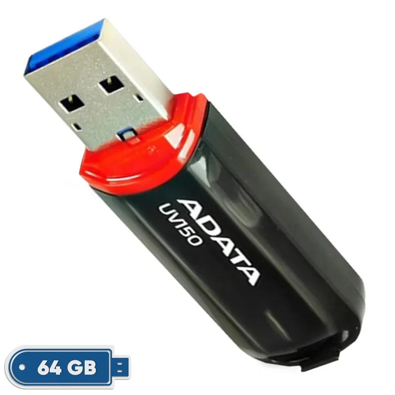 فلش مموری ای دیتا مدل UV150 ظرفیت 64 گیگابایت، رابط USB 3.2 Gen1 با سرعت خواندن 100 مگابایت بر ثانیه، درپوش‌دار، سازگار با ویندوز، مک و لینوکس، مناسب موبایل، تبلت، لپ‌تاپ و تلویزیون