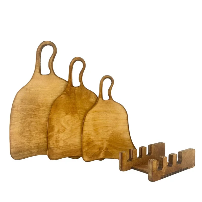 مجموعه 3 عددی تخته سرو چوبی کد TS22 با طراحی دفرمه، پایه چوبی مقاوم، ابعاد 38x20 سانتی‌متر، مناسب سرو غذا و دسر، شست‌وشو با دست