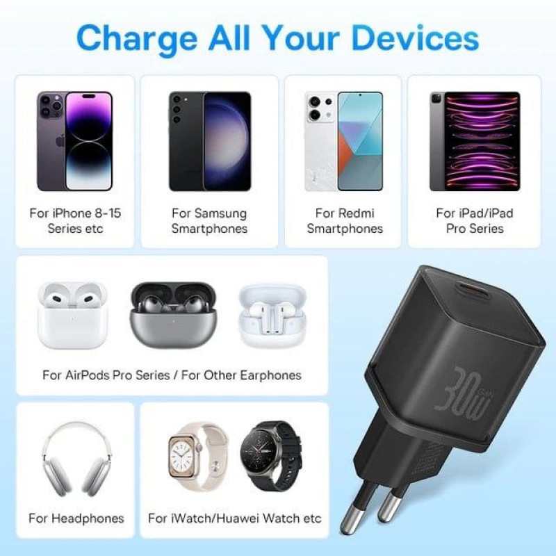 شارژر دیواری 30 وات بیسوس مدل GAN5 mini 30W به همراه کابل تبدیل USB-C
