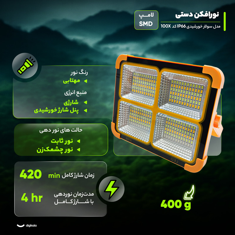 نورافکن دستی مدل سولار خورشیدی IP66 کد 100X