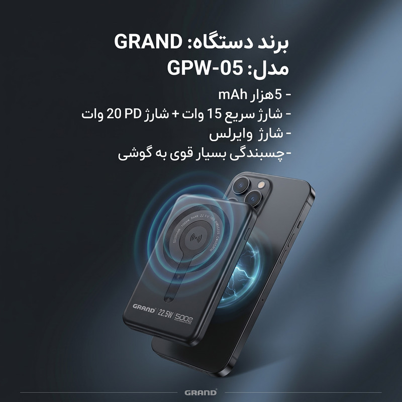 پاوربانک بی‌سیم 22.5 وات گرند اسکای مدل مگ سیف GPW-05 ظرفیت 5000 میلی‌ آمپرساعت