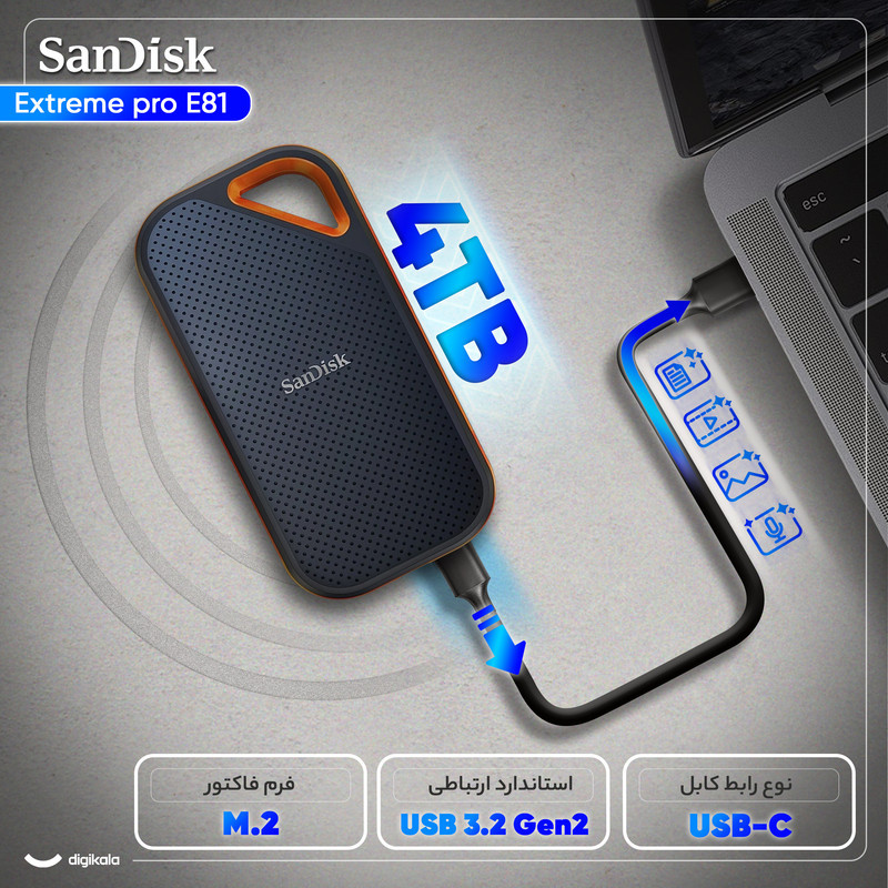 اس اس دی اکسترنال سن دیسک مدل Extreme E81 ظرفیت 4 ترابایت رابط USB 3.2 Gen2