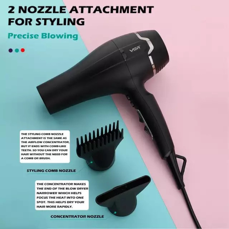 سشوار حرفه‌ای 2400 وات وی جی ار مدل V-450، موتور AC، وزن 950 گرم، دارای سری متمرکز‌کننده باریک، سری شانه‌دار با ویژگی صاف‌کنندگی، حجم‌دهندگی، با قابلیت باد سرد