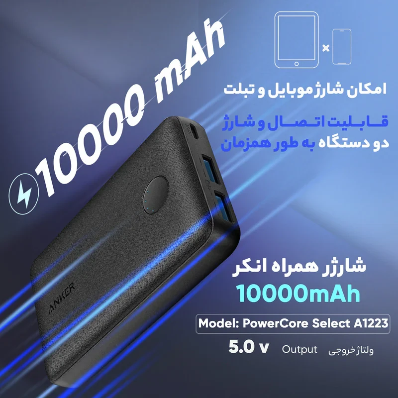 پاوربانک انکر مدل PowerCore Select A1223 ظرفیت 10000 میلی آمپر ساعت